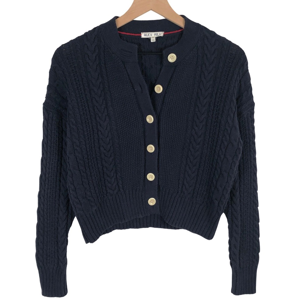 Alex Mill Nico Navy Blue Cable Knit 100% Cotton Button Cardigan Sweater Womens S